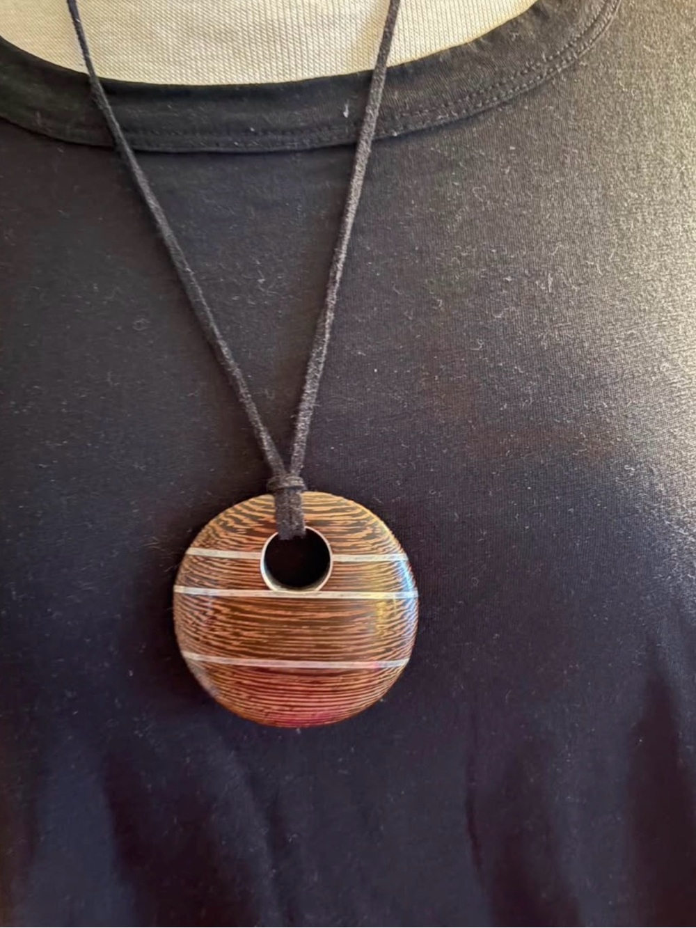 Unique Boho Necklace! Wood with Silver Inlay Pendant on Adjustable Suede Chord